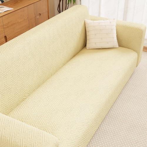 Image of Lukzer 3 Seater Pastel Yellow Grid Maze Pattern Sofa Cover | 240 GSM Universal Stretch Fit Jacquard Fabric Couch Protector | Fully Covered Anti Slip & Washable Sofa Cover (180-230cm /SC-105-03)