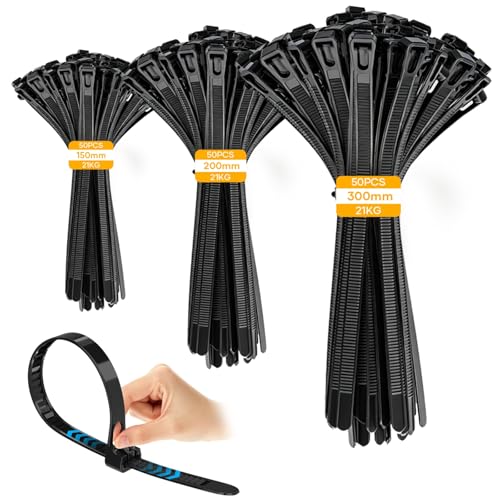 Kabelbinder Wiederverschließbar 150 Stück Set 150/200/300mm UV Beständig Schwarz Wiederverschließbar Kabelbinder für Kabelmanagement Gartenarbeit im Büro und Wohnen Werkstätten Elektroinstallation