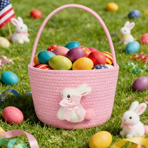 Image of Pink Easter Basket, Bunny Easter Baskets for Kids, Baskets with Handle for Gifts Empty, Bunny Egg Hunting, Basket Stuffers Essentials