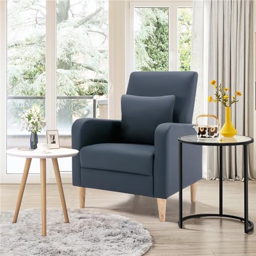 Image of COLAMY Modern Upholstered Accent Chair Armchair with Pillow, PU Leather Reading Living Room Side Chair,Single Sofa with Wood Legs, L-Blue