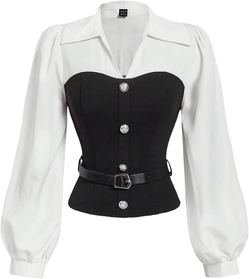 SweatyRocks Women's Long Sleeve Button Down Shirts Collar Belted Dressy Casual Business Work Blouse - Image 5