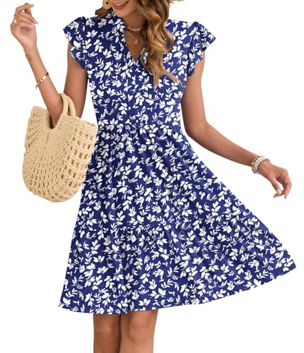 AUSELILY Damen Sommerkleid V-Ausschnitt Kleider Rüschen Ärmel Minikleid Elastische Taille Freizeitkleid mit Taschen Blaue Blumen M