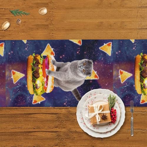 Chemin de table de Noël avec pompon et motif chat hamburger - 6