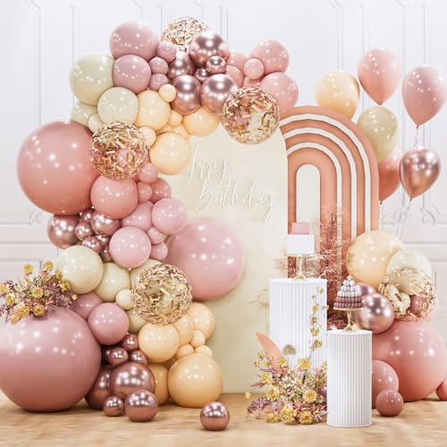 Image of PartyWoo Dusty Pink Balloon Arch Kit Garland 140pcs Different Sizes of 18 12 10 5 Inch Blush Rose Pink Nude White Sand Gold Confetti Boho Balloons for Baby Shower Birthday Wedding Party Decorations