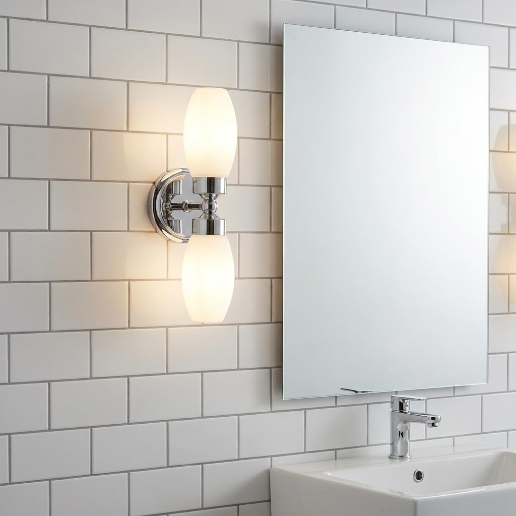 Alpinaluz Aplique de Pared para Baño con Dos Focos E14, Diseño Moderno en Cromo con Pantallas de Cristal Opal, Protección IP44 para Ambientes Húmedos, Iluminación Suave y Uniforme