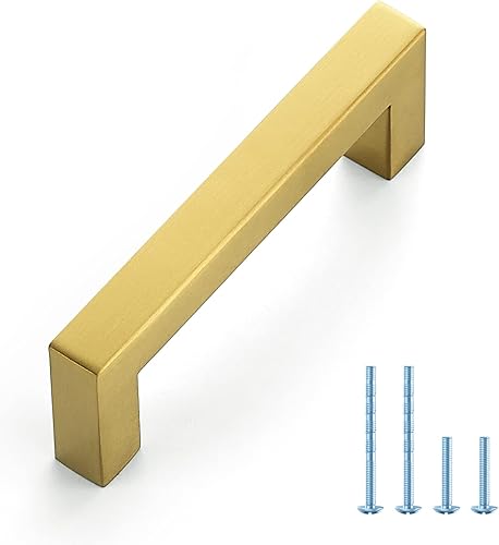 Ravinte 1 paquete de tiradores dorados de gabinete de cocina de latón cepillado de 3-1/2 pulgadas, accesorios de cocina cuadrados dorados para