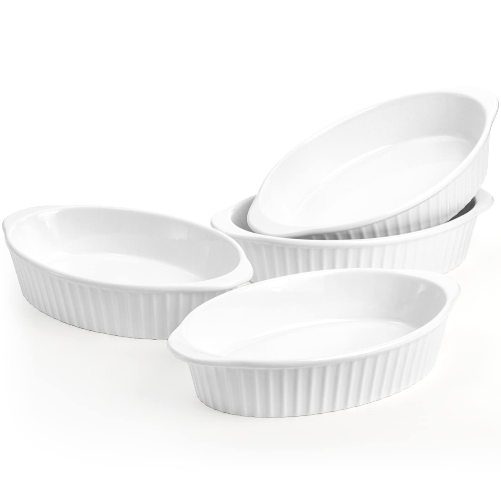 Foraineam Zestaw 4 białych porcelanowych owalnych naczyń do pieczenia, 450 ml Au Gratin Pans Małe naczynie do serwowania, patelnia do lasagne Crème Brulee zestaw naczyń do pieczenia z podwójnymi