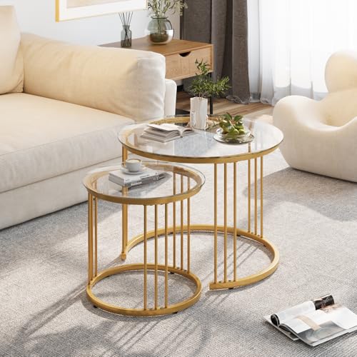 Garden 4 you Nesting Coffee Table, 23.6" Round Coffee Table Set of 2, Glass Nesting Table with Metal Frame, Ceter Tables for Living Room Bedroom Balcony, Gold - Image 4
