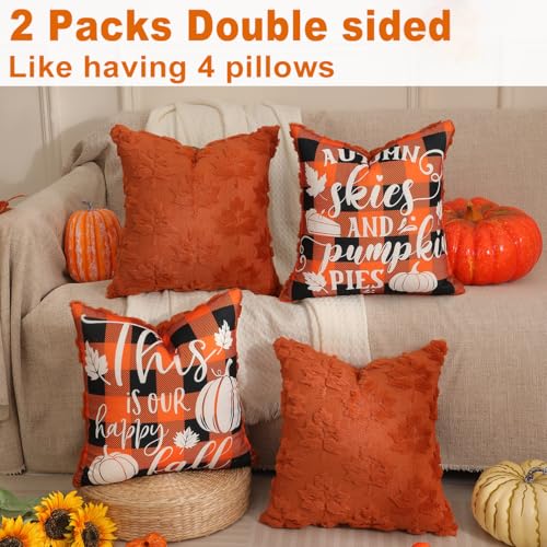 TOYPOPOR Fall Decorations 2 Packs Double Sided Throw Pillow Covers Rust Red Soft Faux Fur Maple Leaf Pillow Case Autumn Harvest Thanksgiving Indoor Outdoor Home Decor for Living Room Porch Couch 20x20