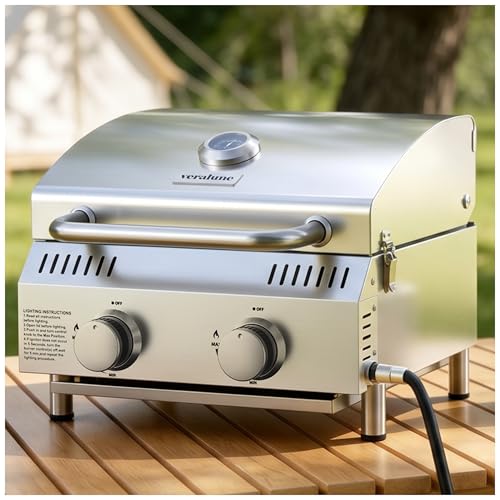 Image of Veralune Tabletop Gas Grill, Small Propane Grill, Portable 2 Burner Gas Grill, Locking Lid, 20,000 BTUs, Built-in Thermometer, Stainless Steel