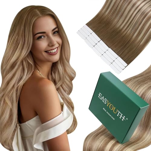 Easyouth Extension Cheveux Naturel Adhesif Blond Ombre Extension Adhesive Remy Brun a Clair Balayage Blond Adhesif Extension Cheveux Humain Lisse 30cm 30g...