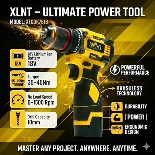 Image of XLNT 18V Brushless Cordless Drill Driver Set | 35-45Nm Torque, 0-1500 RPM, 10mm Chuck | 2x18V Li-Ion Batteries, Fast Charger, Carrying Case, Accessory Kit Included