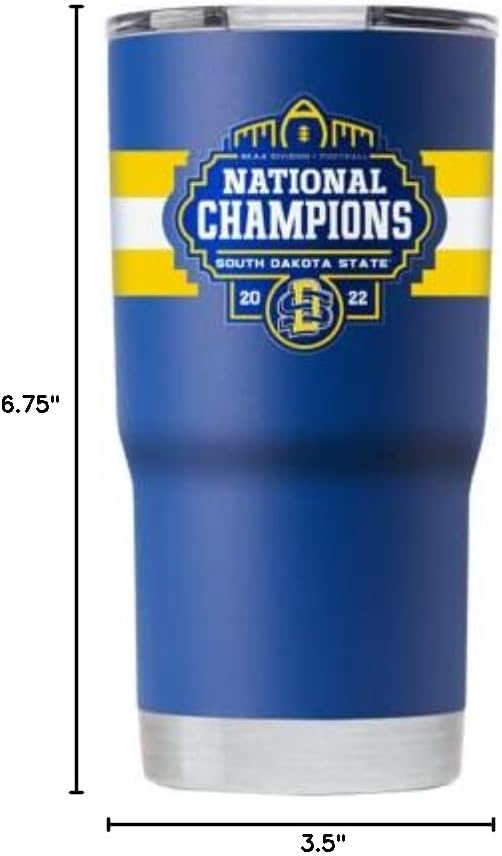 Gametime Sidekicks South Dakota State 20oz Blue Tumbler - Officially Licensed, 18/8 Stainless Steel, Double-walled, Vacuum-insulated, UV LED Printed Logos, Sweatless - 2022 FCS National Champions