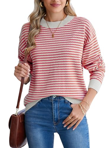 Image of Famulily Womens Striped Color Block Hollow Out Knitted Sweater Long Sleeve Crew Neck Pullover Tops