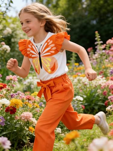 Image of Toddler Kid Girl Clothes Casual Ruffle Sleeve Floral Printed Top Solid Pants with Belt 3PC Outfit Set