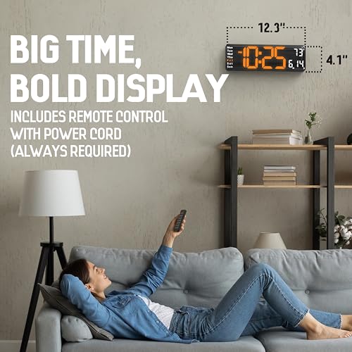 Image of Opis Clock 1 (XL 13'' Orange & White): The Colorful Retro Rectangular Digital Wall Clock, Digital Clock Wall, Digital Clock: Date and Day of Week, Wall Clock with Temperature, Timer and Counter