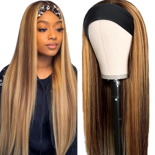 Image of Aiterina Ombre Headband Wig Human Hair Straight 4 /27 Highlight None Lace Front Wigs Glueless Human Hair Wigs Virgin Brazilian Machine Made Wigs for Black Women 22 Inch