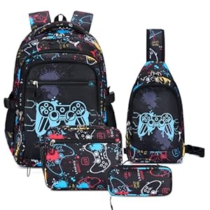 Amythe Schulrucksack Jungen Teenager, 4-tlg. Schulranzen Set mit Brusttasche Brottasche Federmappe für Jungen 3.-9. Klasse, Stilvoll Rucksack Schultasche Tagesrucksäcke, Schwarz