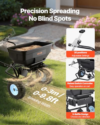 Image of VEVOR Tow Behind Broadcast Spreader, 130LBS Capacity, Tow /Push Garden Spreader with 13 in Tires, 30 Adjustable Setting & 9.8 ft Spreading Width, Lawn Spreaders for Seed, Fertilizer, Salt, Ice Melt