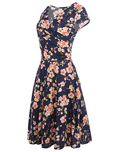 oxiuly Women's V-Neck Cap Sleeve Floral Casual Work Stretchy Swing Dress OX233 (M, Navy Blue Floral) - Thumbnail 5