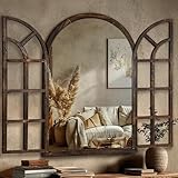 LAWADA Arched Wall Mirror with Wood Window Frame, 38x26 Vintage Rustic Arch Farmhouse Mirror for Wall, Living Room, Bedroom, Entryway(Brown)