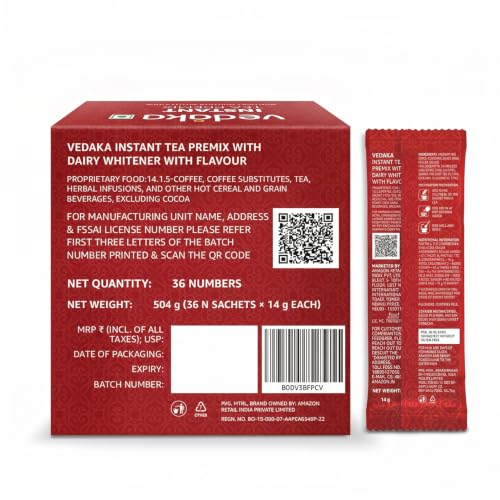 Image of Amazon Brand - Vedaka Premix Tea 36 Sachets | Instant Masala Chai | Just Add Hot Water | No Boiling Needed | Travel Friendly | Ready in Seconds