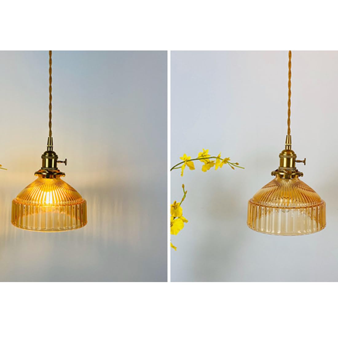 Retro LED Pendelleuchte Runde Bernstein Glasschirm, Kleine Schlafzimmerlampe, Industrie Hängelampe Messing E27, höhenverstellbare Modern Pendellampe für Kücheninsel, Esszimmer, Wohnzimmer, Gastronomie