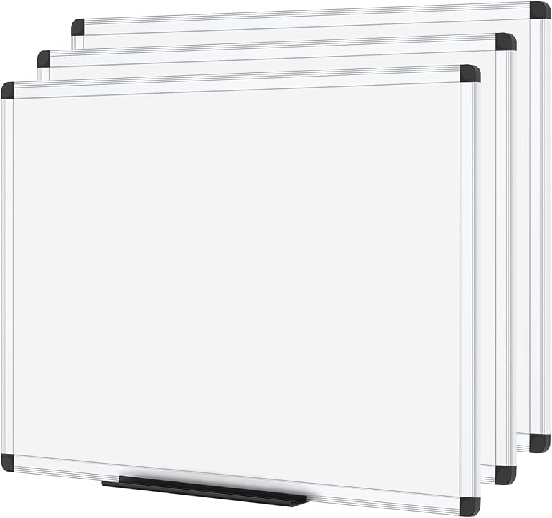 Dry Erase Board, 24 x 18 Inches, 3 Pack, Wall Mounted Whiteboard | Aluminum Frame, with Marker Tray, for School Office and Home