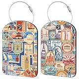 iapodiad Travel Stamp Luggage Tag for Suitcase Set of 2 PU Leather Cute Luggage Tags with Stainless Metal Loop ID Label Privacy Flap Suitcase Tags for Women and Men Travel
