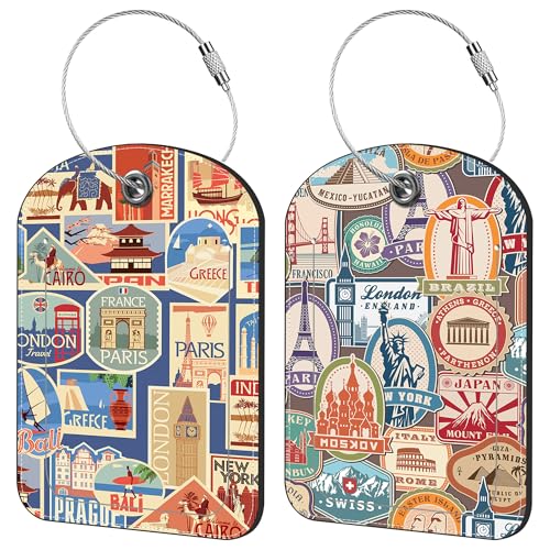 Travel Stamp Luggage Tag for Suitcase Set of 2 PU Leather Cute Luggage Tags with Stainless Metal Loop ID Label Privacy Flap Suitcase Tags for Women and Men Travel