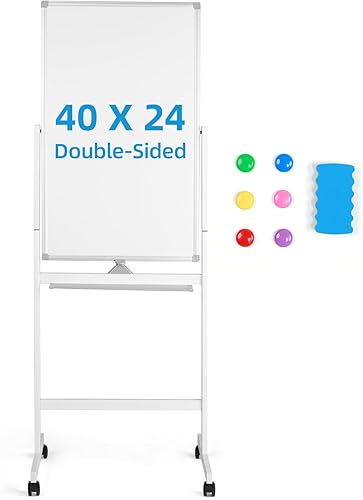 Pizarra blanca móvil, pizarra magnética de borrado en seco de 40 x 24 pulgadas con soporte, pizarra blanca rodante de doble cara con marco de