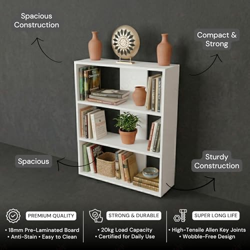 Image of DFC Element Fern Engineered Wood Bookshelf Open Storage Book Rack Shelf Organizer Display Bookcase for Home Library Living Room Study Room 3 Shelf White Finish