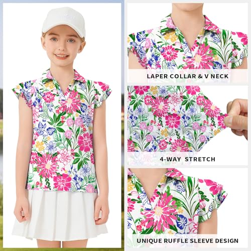 Image of Soneven Girls Ruffle Sleeve Polo Shirts V-Neck Golf Tennis T-Shirts Uniform Shirts Quick Dry for 4-14 Years