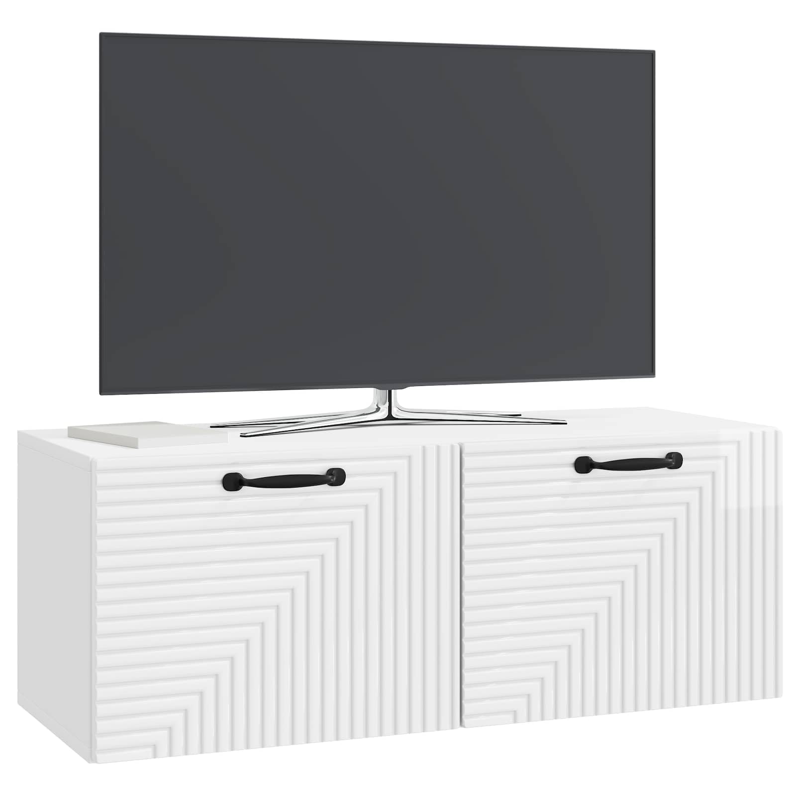 Szafka TV montowana na ścianie, wysoki połysk, biała, 78,5 x 31 x 30 cm, materiał drewnopochodny, zajmuje mało miejsca, z miejscem do przechowywania i 2 drzwiami uchylnymi, wisząca do salonu