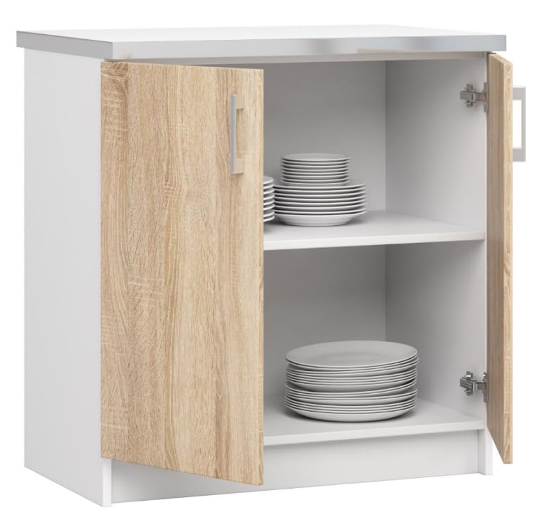 BDW - Armadio da cucina - Armadio cucina con ante e piano di lavoro - Armadio 80 cm di larghezza, 85 cm di altezza - cucine singole, mobili da cucina Oggetti (bianco/rovere Sonoma)