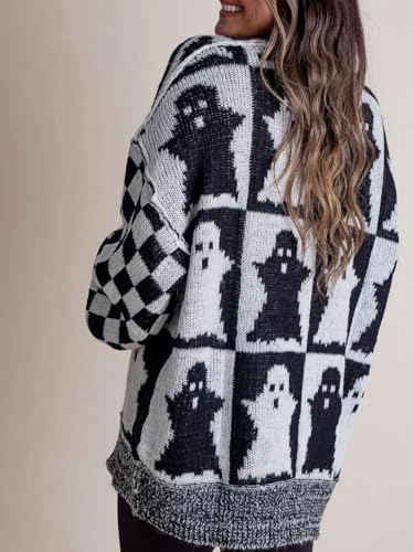 Women's Pullover Sweater Loose Long Sleeved Halloween Ghost Plaid Sweater3