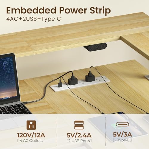 Image of Rolanstar L Shaped Standing Desk with Keyboard Tray, Height Adjustable Corner Desk with LED Light & Power Outlet, Electric Sit Stand Computer Desk with Monitor Stand, Beige