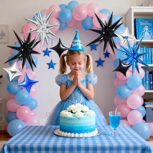 Image of TONIFUL 22Inch 18Pcs Black Blue Silver Explosion Star Mylar Balloons and 10Inch Four Pointed Star Balloons Set for Christmas New Year Birthday Wedding Bridal Shower Anniversary Photo Booth Supplies