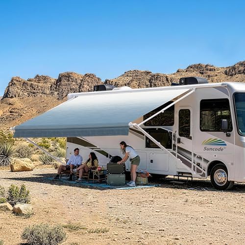 Suncode White RV Modular Retractable Manual RV Awning Frame Assemblies and Fabric for RV,5th Wheel,Travel Trailers,Toy Haulers,and Motorhome RV Trailer Awning for Home or Camper-18x8Ft-Blue Fade