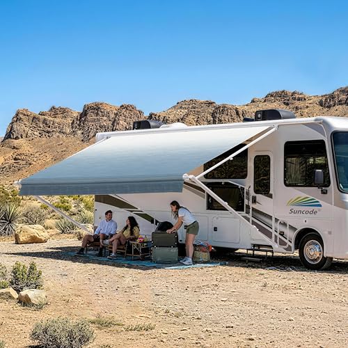 Suncode RV Awning for RV,Camper&Travel Trailers–Manual RV Awning Complete Kit,Manual Camper Awning,RV Roll Out Awning– 11x8Ft – White Frame &Blue Fade