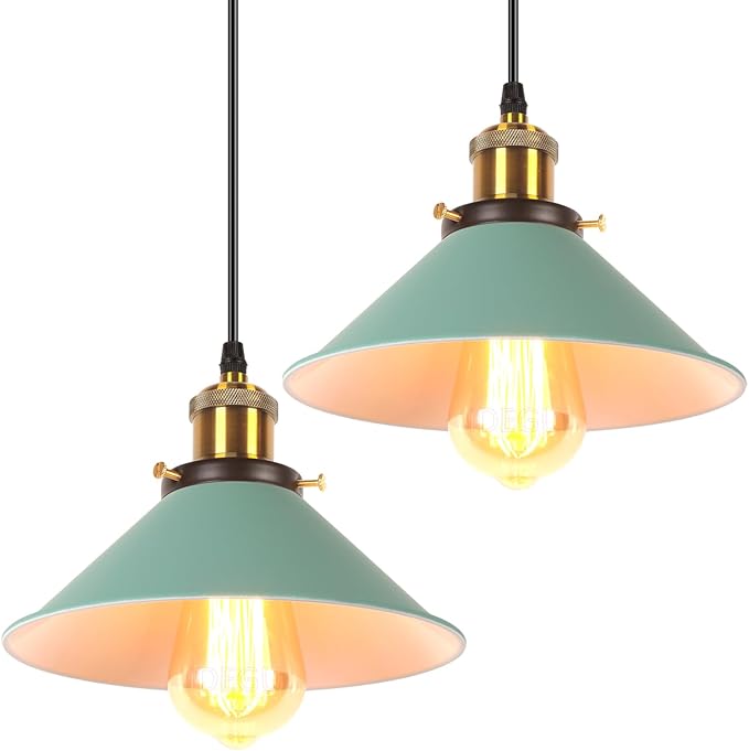 iDEGU iDEGU Retro Hanglamp, 22 cm, vintage hanglamp, E27, industriële lampenkap van metaal, plafondlamp, hanglamp voor eetkamer, woonkamer, keuken, slaapkamer, restaurant (2 stuks, groen)