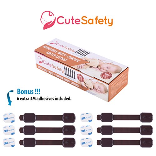 Cutesafety Child Proof Safety Locks - Baby Proofing Cabinet Lock With 6 Extra 3M Adhesives - Adjustable Strap Latches To Cabinets,Drawers,Cupboard,Oven,Fridge,Closet Seat,Door,Window (Brown, 6) #TOP6