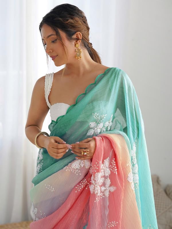 Image of Women's Orange-Yellow Ombre Saree with Floral Embroidery | Lightweight & Festive Saree | Elegant Ethnic Wear for Women