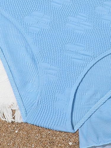 Image of Girl's 3 Piece Bikini Set Ribbed Textured Halter Swimwear Knot Front Ruched Bathing Suit Swimsuit Blue 160
