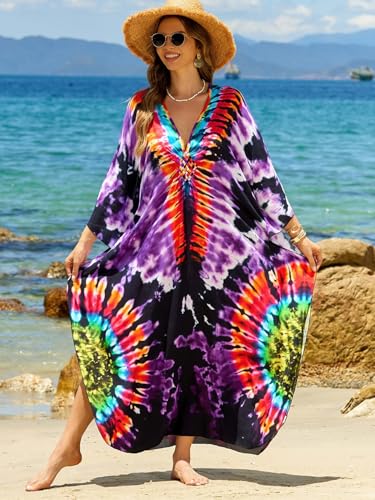 Image of IMAGEKOPE Women's Plus Size Animal Print V-Neck Batwing Kaftan Beach Dress Bathing Suit Cover-Up Loungewear