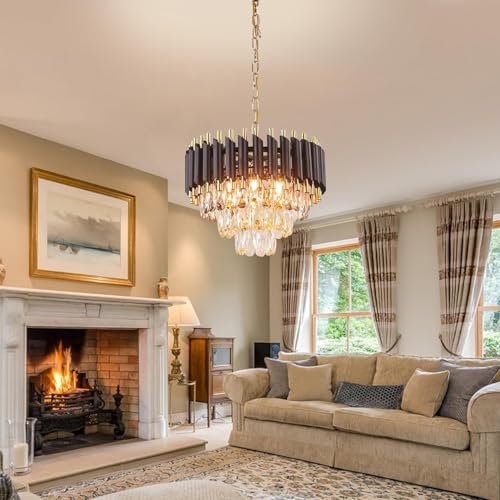 Image of Luxurious 300mm Black Gold Modern Chandelier with K9 Crystals | Warm White, Moonlight & Golden Light | Ceiling Hanging Light for Living Room, Dining Room, Bedroom, Hallway