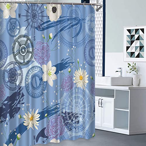 Vintage Compass Flower Shower Curtain Blue White Nautical Gears Rose Floral Bath Curtain Polyester Fabric Bathroom Decor 72X72 Inch #TOP3