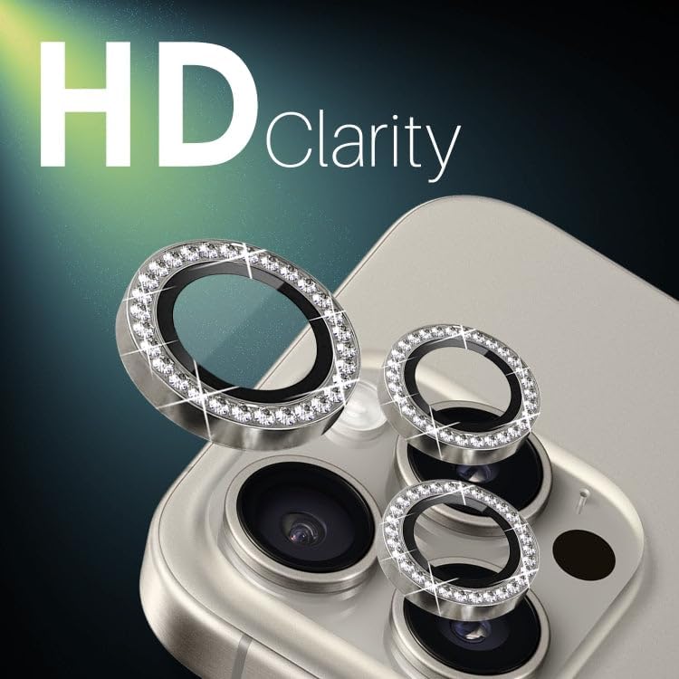 Image of Compatiable with iPhone 16 Pro / 16 Pro Max Camera Lens Protector Ring - Diamond Design | 9H Tempered Glass | HD Clear | Anti-Scratch | Anti-Drop Natural Titanium Diamond