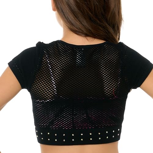 Image of Malibu Sugar Girls Mesh Crop Top Sparkling Rhinestone Dance Outfits for Girls - Short Sleeve Breathable Activewear Ages 7-14