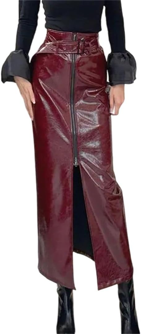 Women's High Waisted Faux Leather Midi Pencil Skirt Back Zipper Slit Elegant Commute Streetwear Skirt